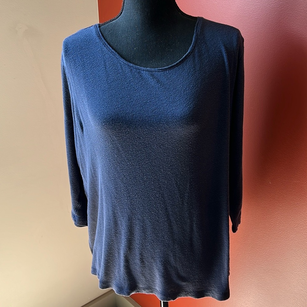Blue Linen and Tencel 3/4 sleeve knit top